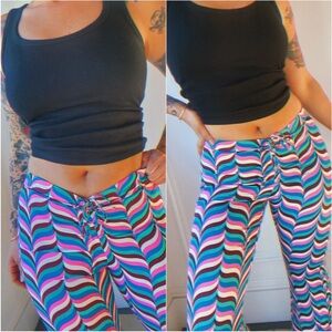 Zara S Geometric NEW 70's Silky Colorful Striped Women's Pants Groovy Flare Pink